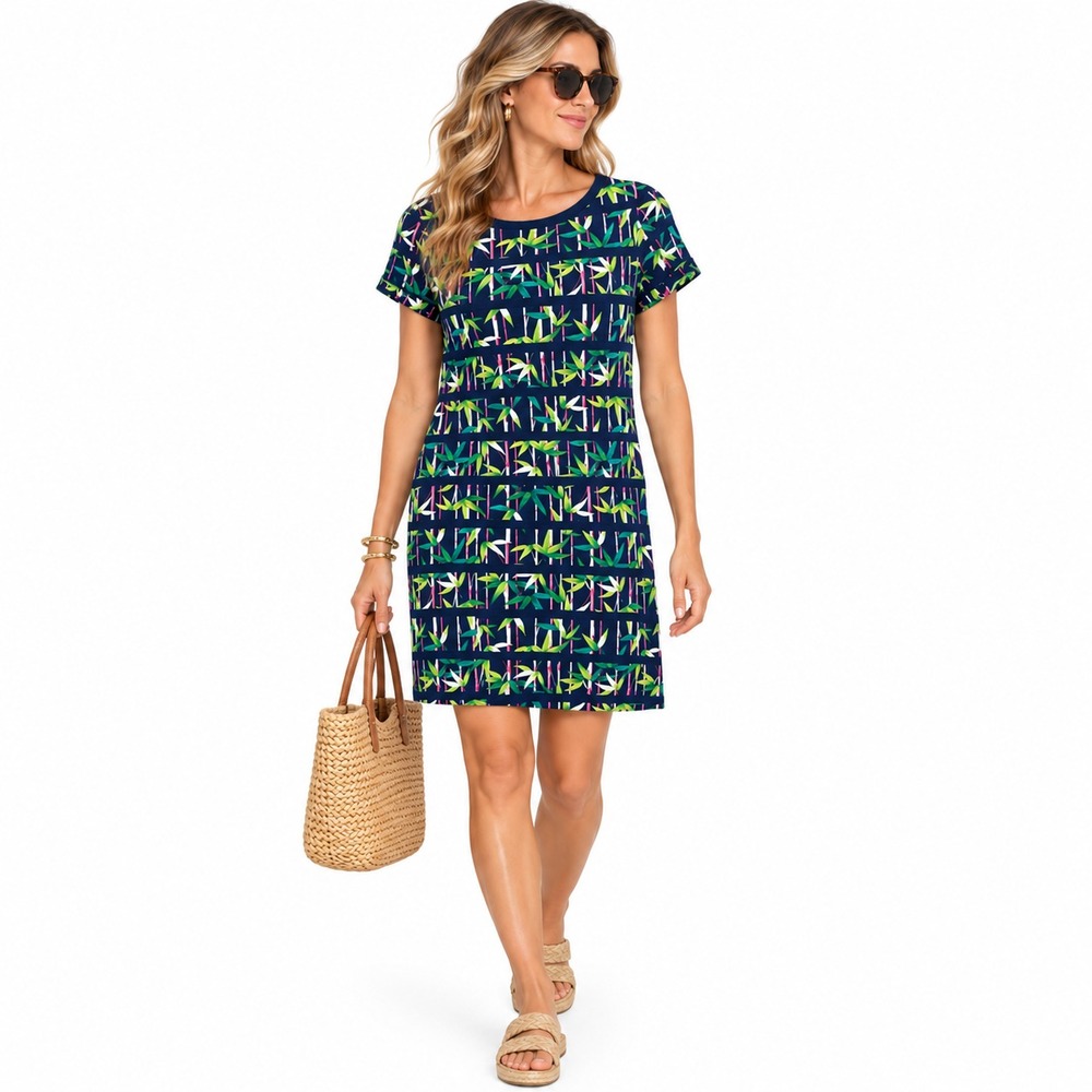 Tommy Bahama Womens XS Navy Bamboo Print T Shirt Dress Tropical Resort Mini